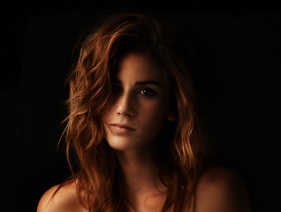 Image showing Woman, hair care and ginger with portrait, cosmetic and shampoo treatment in a studio. Salon, beauty and female person with wavy texture and fresh haircut with balayage coloring with black background