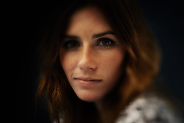 Image showing Cosmetic, beauty and portrait of woman in studio with natural, makeup and self care routine. Glow, smile and face of young female person with facial cosmetology treatment by dark black background.