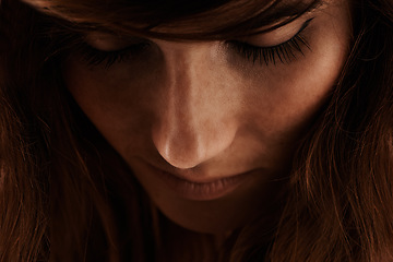 Image showing Beauty, hair care and face of young woman with ginger hairstyle and cosmetic facial routine. Makeup, model and zoom of female person with red texture and salon, natural and health treatment.