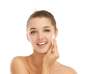 Image showing Portrait, skincare or cotton pad by woman in studio for wellness, shine or glow on white background. Cleaning, beauty or face of lady model with facial swab for makeup, removal and toner application