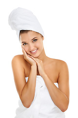 Image showing Towel, skincare portrait and happy woman relax with natural cosmetics, aesthetic makeup and clean skin. Bathroom, salon and model smile for morning self care, hygiene or grooming on white background