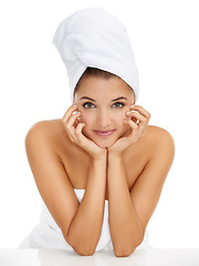 Image showing Towel, cosmetics studio and portrait of woman for morning routine, self care treatment or grooming. Skincare, relax and person clean from wash, hygiene bath or wellness shower on white background