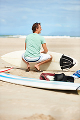 Image showing Surfing, nature and man with surfboard on beach for water sports training, wellness and fitness by ocean. Travel, waves and back of happy person for adventure on holiday, vacation and hobby by sea