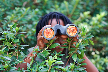 Image showing Boy, kid and binoculars for search in nature while learning and fun in forest or adventure at summer camp. Young African child, green leaves and explore environment outdoor with youth and discovery