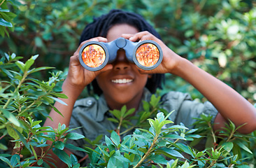 Image showing Nature trees, binocular and child watch wilderness view on adventure, outdoor exploration or bird watching trip. Spy, bush leaves and kid on sightseeing search in tropical forest, woods or jungle