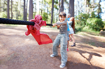 Image showing Pull. Children, game and tug of war in forest, summer camp and holiday with travel and energy outdoor. Kids, adventure and team building with competition, playful and young people in group for fun.