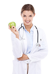 Image showing Apple, happy woman or doctor in portrait for wellness, detox or benefits isolated on white background. Medical professional, smile or nurse in studio to promote healthcare, healthy diet or nutrition
