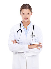 Image showing Doctor, woman or arms crossed in studio or portrait with confidence in medical career as cardiologist. Pride, coat or medicine consultant with name tag or healthcare isolated on white background