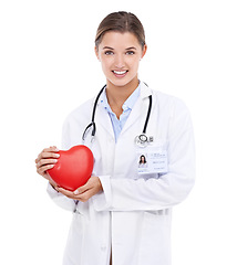 Image showing Happy woman, portrait or nurse with heart or smile in studio on white background for help or wellness. Red shape, proud or doctor with medical healthcare, support or kindness for love symbol or sign