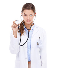 Image showing Check, stethoscope or portrait of doctor in studio for healthcare examination on white background. Woman, cardiovascular or serious nurse ready to start consultation, exam or help for wellness