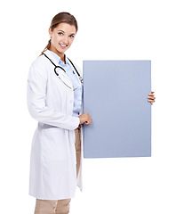 Image showing Sign, poster and happy portrait of doctor in white background, studio and mock up space. Medical, information and woman with board, presentation and paper for news in healthcare, hospital or clinic
