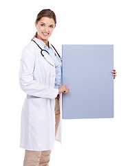 Image showing Poster, sign and happy portrait of doctor in white background, studio and mock up space. Medical, information and woman with board, presentation and paper for news in healthcare, hospital or clinic