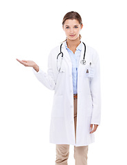 Image showing Palm of woman, advertising or portrait of doctor with mockup space isolated on white background. Help, offer or hand of nurse in studio to show medical healthcare information, service or advice