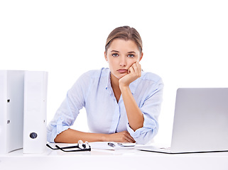 Image showing Portrait, bored and businesswoman with laptop for administration, report and management. Tired, studio or female employee at table with stress, folders and depression at desk job on white background