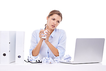 Image showing Frustrated, angry and businesswoman with paper for administration, report or web research. Crush, studio or female employee at table with stress, folders and laptop at desk job on white background