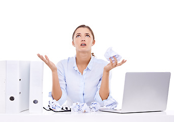 Image showing Frustrated, stress and businesswoman with paper for administration, report or web research. Crush, studio or angry employee at table with anxiety, folders and laptop at desk job on white background