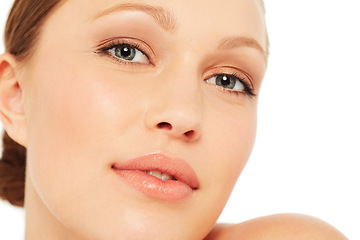 Image showing Skincare, cosmetics and portrait of woman on a white background for wellness, beauty and facial. Dermatology, salon and isolated face of person with glamour, healthy skin and aesthetic in studio