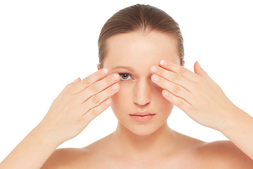 Image showing Skincare, cover eyes and portrait of woman on a white background for wellness, cosmetics and facial. Dermatology, salon and isolated face of person with healthy skin, beauty and aesthetic in studio