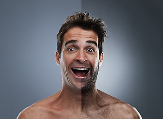 Image showing Man, beard and face shave or excited for improvement in studio for wellness, comparison or grey background. Male person, portrait and hair removal for before and after, transformation or mockup space