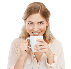 Image showing Happy, portrait and woman relax with coffee in studio with calm, moment or comforting drink on white background. Face, smile and female model with cup of tea for me time, self care or satisfaction