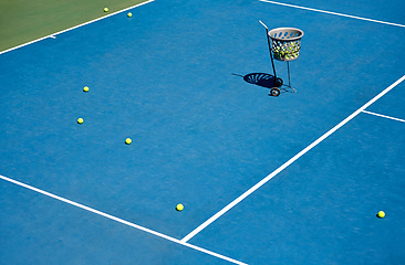 Image showing Floor, empty or tennis balls on court for training, outdoor exercise or competitive match in summer. Workout, background or sport for health or fitness with equipment on the ground ready for a game