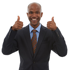 Image showing Happy businessman, portrait and thumbs up for success, good job or thank you on a white studio background. Face of black man or employee smile with like emoji, yes sign or OK for business agreement