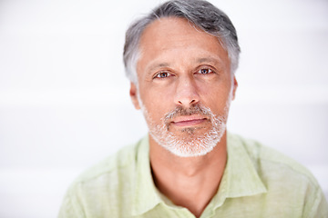 Image showing Portrait, senior man and serious in mockup with employee, career pride and positive in studio. Mature person, face and entrepreneur in relax in start up company and professional by white background