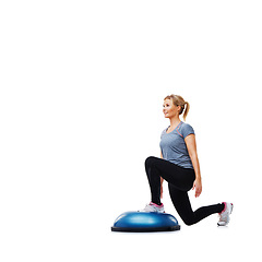 Image showing Woman, ball or lunge balance in studio workout performance isolated on white background. Female athlete, training equipment or fitness for mockup space, legs challenge or body exercise for wellness