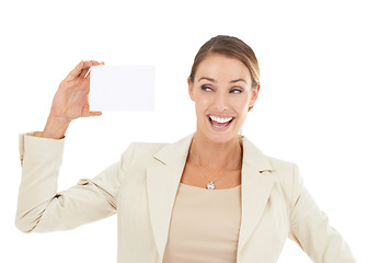 Image showing Mockup, portrait or Happy woman with business card for a sale, promotion offer or logo advertising deal. Smile, plain bulletin board or lady with blank signage space in studio on white background