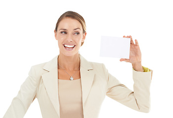 Image showing Space, smile or happy woman with business card for a sale, promotion offer or logo advertising deal. Show, plain bulletin board or entrepreneur with blank signage mockup in studio on white background