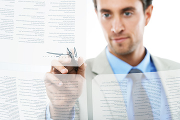 Image showing Businessman, contract and digital signature or documents for agreement on a white studio background. Man or employee and pen writing on overlay or hologram for reading, policy or futuristic interface