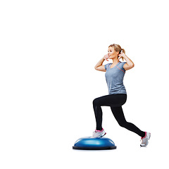 Image showing Woman, profile and lunge for workout, ball or balance for legs, muscle development or studio by white background. Person, exercise and training with mock up space for vision, wellness or healthy body