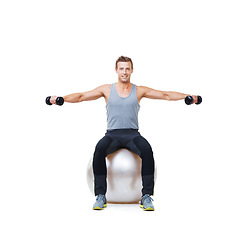 Image showing Happy man, ball balance or portrait in dumbbell workout performance, wellness or white background. Strong athlete, training equipment or fitness space for exercise mockup or lifting weights in studio