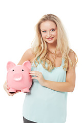 Image showing Woman, piggy bank and finance or happy in studio with cash investment, financial growth or portrait. Person, money box and budget or banking for increase or income on white background with smile