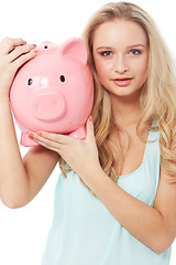 Image showing Woman, piggy bank and finance or portrait in studio with cash investment, financial growth or wealth. Person, money box and budget or banking for increase or income on white background with smile