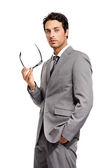 Image showing Serious, lawyer and portrait of man with glasses in white background of studio with suit for corporate career. Attorney, businessman and assertive professional entrepreneur with confidence in the law