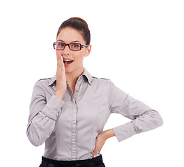 Image showing Business woman, portrait and shocked in studio for information, gossip or news on a white background. Professional worker or model with surprise, secret and whisper for confidential intel and wow