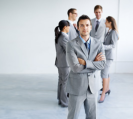 Image showing Business people, arms crossed and portrait of serious man, lawyer or team leader pride, law firm career or job experience. Mockup space, management and advocate collaboration on brainstorming meeting