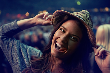 Image showing Happy woman, portrait and face at music festival party, event or DJ concert for outdoor night. Excited female person smile in evening crowd or audience at carnival, performance or summer fest outside