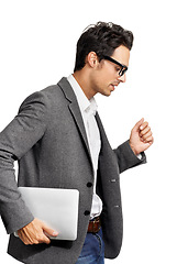 Image showing Tablet, running and business man in studio for commute, travel and journey for work or job. Professional, worker and isolated person walking, rush and hurry with digital tech on white background