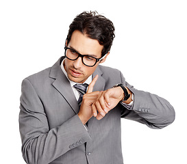 Image showing Business man check watch, time and isolated on a white background in studio. Professional, tap on wristwatch and clock, waiting and punctual, schedule and countdown for corporate consultant in suit