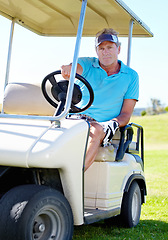 Image showing Man, golf cart and portrait or relax driving for sports exercise or competition, challenge or holiday. Mature person, face and field transport on course for professional training, game or tournament