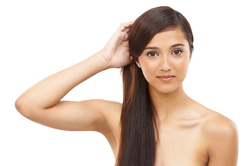 Image showing Hair care, woman and portrait or cosmetics in studio with keratin treatment, soft texture and shampoo shine. Model, Indian person and face with hairstyle, beauty and collagen glow on white background