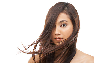 Image showing Hair care, woman and portrait or cosmetics in studio with keratin treatment, soft texture and shampoo shine. Model, Indian person and face with mockup, beauty and collagen glow on white background