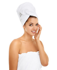 Image showing Shower, towel or hand on face of woman in studio for wellness, skincare or pamper on white background. Portrait, smile or model with body care, cleaning or cosmetic, routine or treatment results