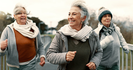 Image showing Senior friends, women and walking with fitness, exercise and fresh air with happiness, wellness and health. Female people, mature ladies and group with speed walk, training and energy with freedom