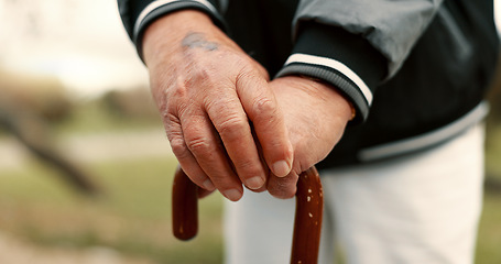 Image showing Hands, cane and elderly man in nature for walking for fresh air, exercise or peace in a park. Environment, closeup and senior male person in retirement with a stick for support in outdoor garden.