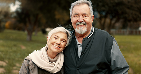 Image showing Face, love and happy with a senior couple outdoor in a park together for a romantic date during retirement. Portrait, smile or care with an elderly man and woman bonding in a garden for romance