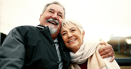 Image showing Retirement, hug and Senior couple on bench at park with happiness or bond for quality time. Love, happy face and elderly woman or man in nature with support or embrace for trust or laugh together.