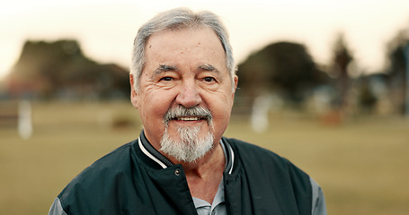 Image showing Face, elderly man and smile in nature on vacation, holiday or travel in winter. Portrait, happy and senior person in the countryside, park or garden for freedom, retirement and outdoor in Canada